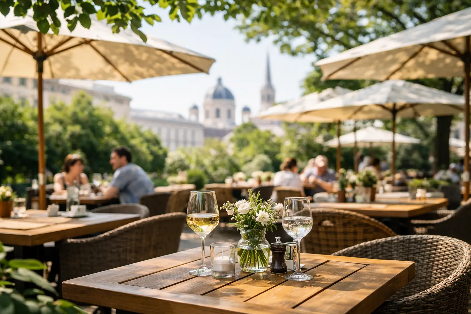 Gastgarten mit schattigen Sitzplätzen in Wien