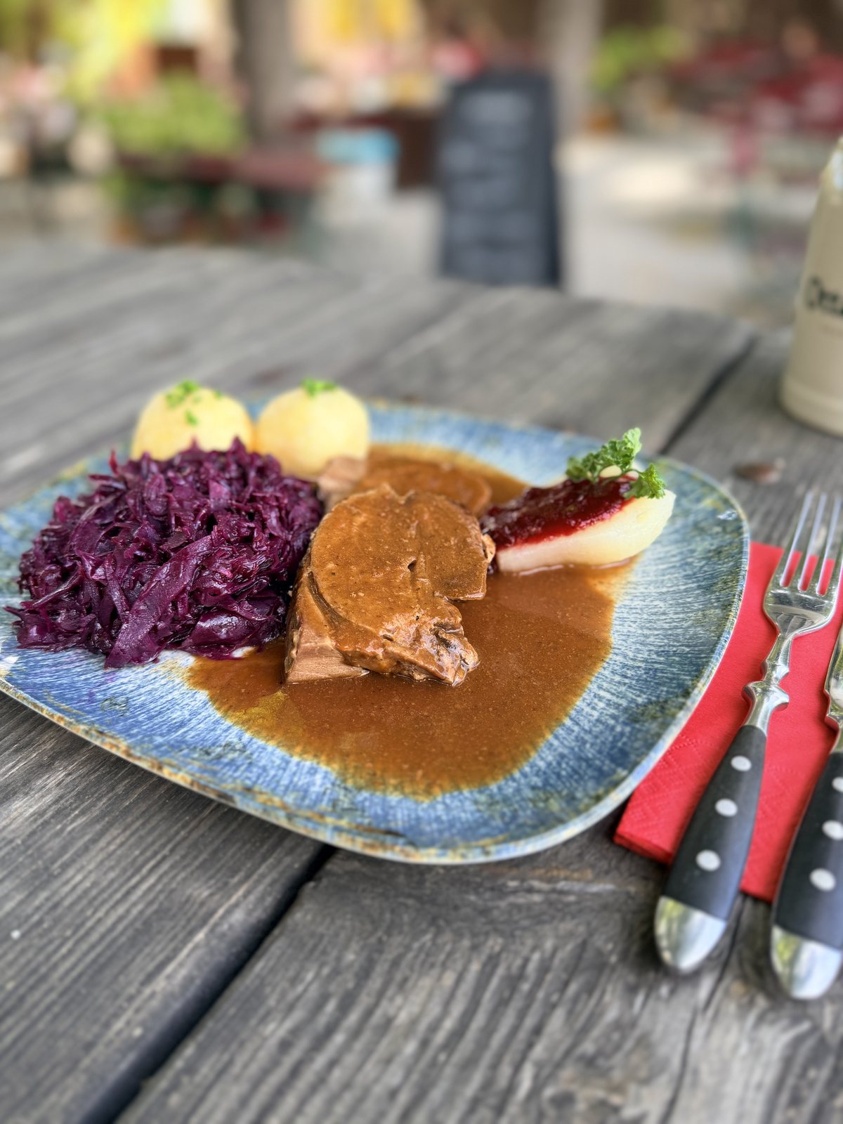 sternberg-wildschweinkeule Geschmorte Wildschweinkeule mit Rotkraut, Erdäpfelknödel und Birne im Gastgarten des Sternberg 1220 in Wien Donaustadt
